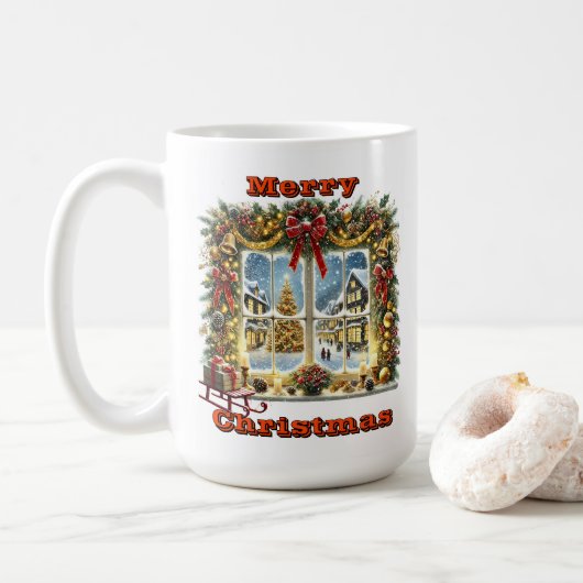 Festliche Fensteransicht mit Schnee Kaffeetasse (Mit Donut)