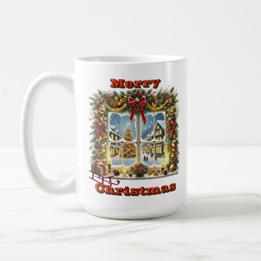 Festliche Fensteransicht mit Schnee Kaffeetasse (Links)