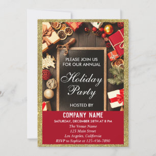 Festliche Firmen-Weihnachtsfeier Rot & Gold Glitte Einladung