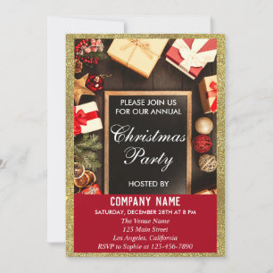 Festliche Firmenweihnachtsfeier Rot & Gold Glitter Einladung