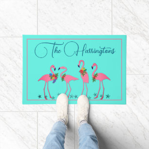 Festliche Flamingos Familie Name Front Mat Fußmatte