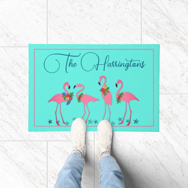 Festliche Flamingos Familie Name Front Mat Fußmatte (Indoor)