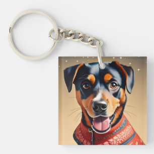 Festliche Freude: Gemütlicher Rottweiler-Mischling Schlüsselanhänger