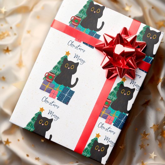 Festliche Frohe Weihnachten Niedlicher Black Cat K Geschenkpapier