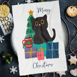 Festliche Frohe Weihnachten Niedlicher Black Cat K Geschirrtuch