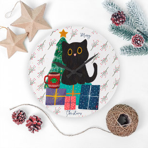 Festliche Frohe Weihnachten Niedlicher Black Cat K Große Wanduhr