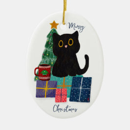 Festliche Frohe Weihnachten Niedlicher Black Cat K Keramik Ornament
