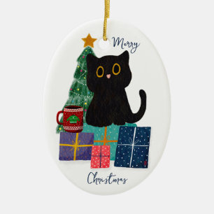 Festliche Frohe Weihnachten Niedlicher Black Cat K Keramik Ornament
