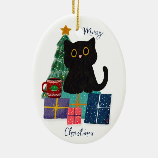 Festliche Frohe Weihnachten Niedlicher Black Cat K Keramik Ornament (Hinten)