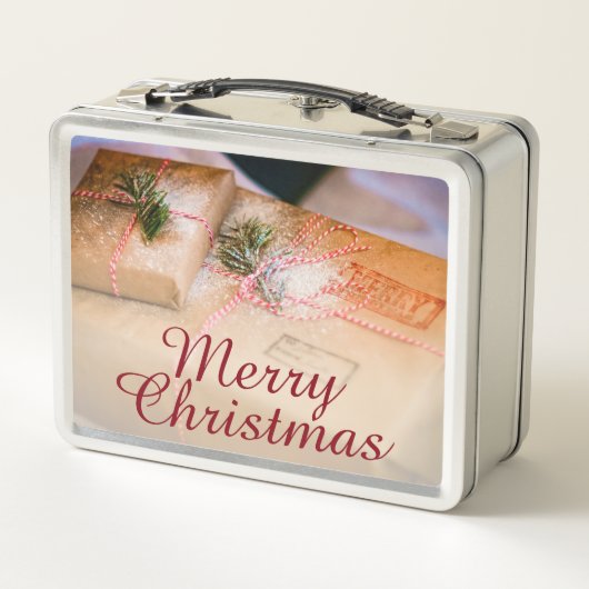 Festliche Geschenke als Weihnachtsmotiv Metall Brotdose (Rückseite)