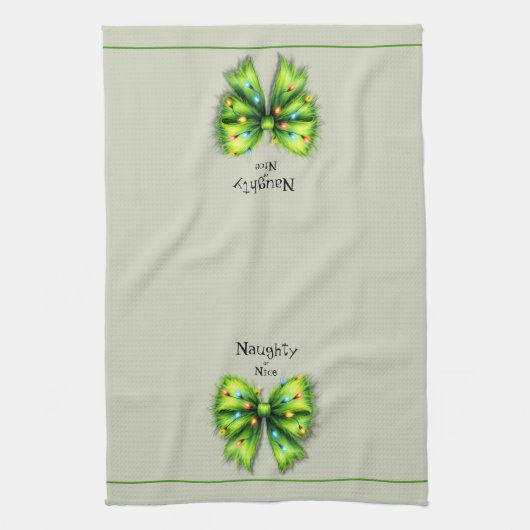 Festliche grüne Furry Bow-Lights naughty oder Nice Geschirrtuch (Vertikal)