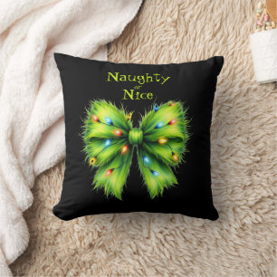 Festliche grüne Furry Bow-Lights naughty oder Nice Kissen