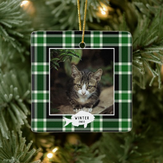 Festliche grüne Karierte Katze Name Weihnachten Keramikornament (Baum)