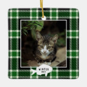 Festliche grüne Karierte Katze Name Weihnachten Keramikornament (Vorderseite)