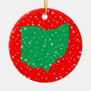 Festliche grüne rote Karte von Ohio-Schneeflocken Keramik Ornament