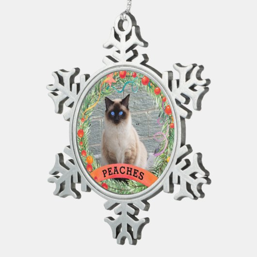 Festliche Haustiere Foto Berry Wreath Weihnachten  Schneeflocken Zinn-Ornament (Rechts)