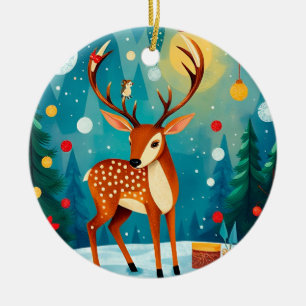 Festliche Hirsch in einem schneebedeckten Wald Keramik Ornament