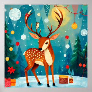 Festliche Hirsch in einem schneebedeckten Wald Poster