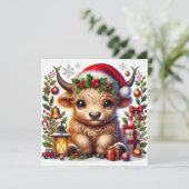 Festliche Hochlandkuh in Weihnachtsmannmütze Feiertagskarte (Stehend Vorderseite)