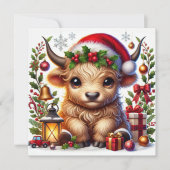 Festliche Hochlandkuh in Weihnachtsmannmütze Feiertagskarte (Vorderseite)