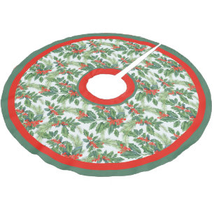Festliche Holly-Grüntöne, Pine Boughs und Red Berr Polyester Weihnachtsbaumdecke
