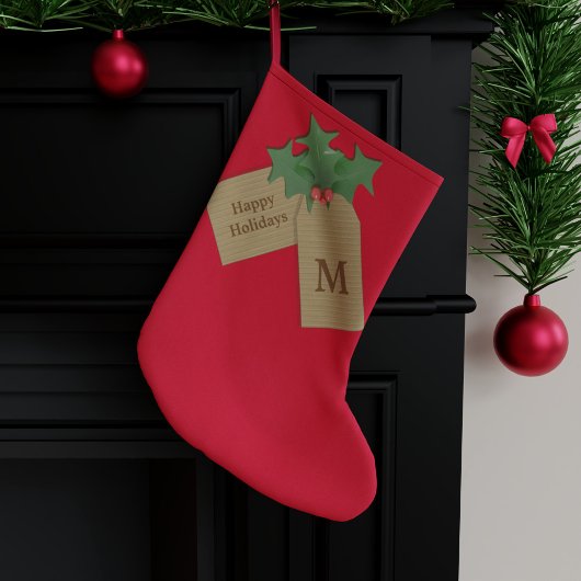 Festliche Holly Sprig Mit Monogramm Happy Holidays Großer Weihnachtsstrumpf