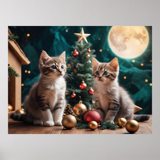 Festliche Kätzchen am Weihnachtsbaum unter Vollmon Poster (Vorne)