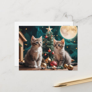 Festliche Kätzchen an Weihnachtsbaum unter Vollmon Postkarte