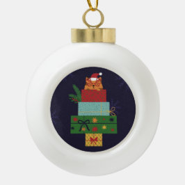 Festliche Katze im Geschenkestapel-Ornament Keramik Kugel-Ornament