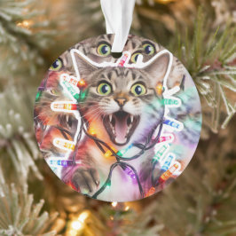 Festliche Katze mit Weihnachtsbeleuchtung Ornament