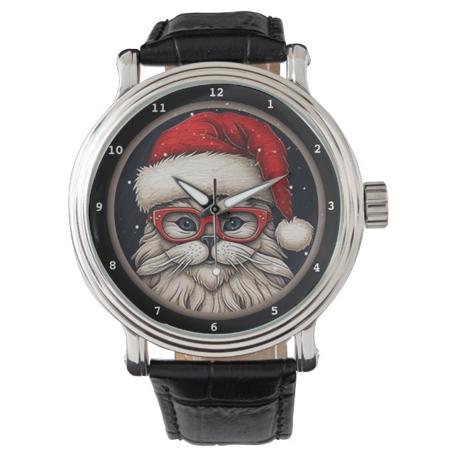 Festliche Katze mit Weihnachtsmannmütze Armbanduhr (Vorderseite)