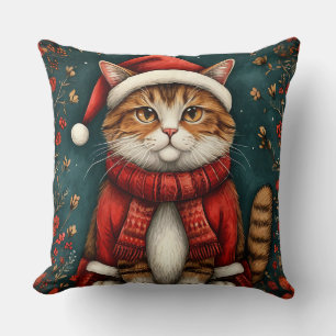 Festliche Katze mit Weihnachtsmannmütze und Schal Kissen