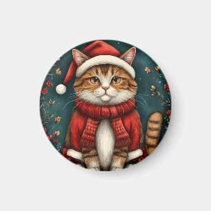 Festliche Katze mit Weihnachtsmannmütze und Schal Magnet
