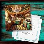 Festliche Kitsch Retro Küche Weihnachten Karte<br><div class="desc">Wir wünschen Ihnen ein herzliches und gemütliches Weihnachtsfest und ein glückliches Neues Jahr. Der Innentext kann personalisiert sein,  sodass Sie Ihren Namen hinzufügen können,  wenn Sie gewollt oder den Gruß ändern. Niedliche,  altmodische Retro-aquamarine Küche mit Feriendekorationen,  Kränzen und Weihnachtsbeleuchtung.</div>