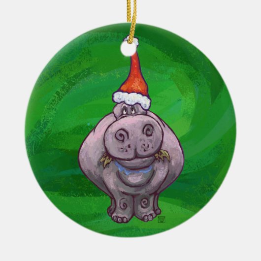 Festliche Köpfe und Schwänze Hippo auf Grün Keramikornament (Vorne)