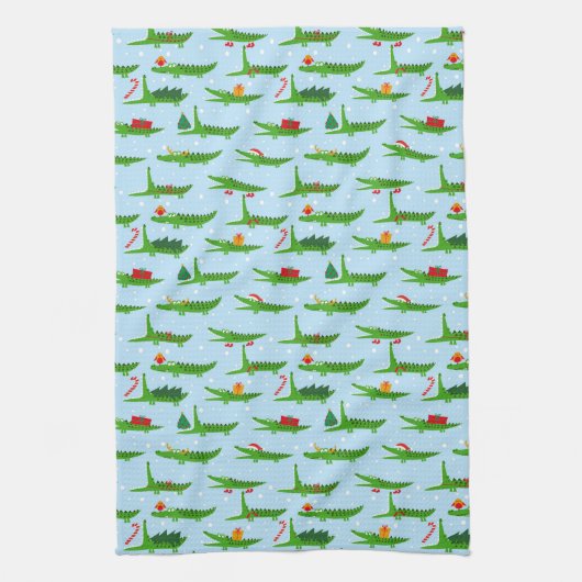 Festliche Krokodile in Weihnachtskostümmuster Geschirrtuch (Vertikal)