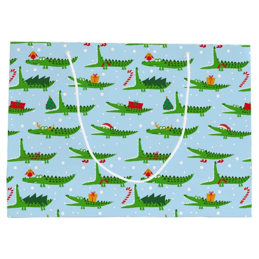 Festliche Krokodile in Weihnachtskostümmuster Große Geschenktüte (Rückseite)