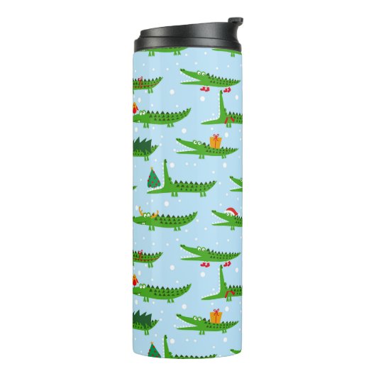Festliche Krokodile in Weihnachtskostümmuster Thermosbecher (Nach links gedreht)