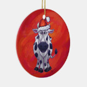 Festliche Kuh in Weihnachtsmannmütze auf Rot Keramikornament (Rechts)