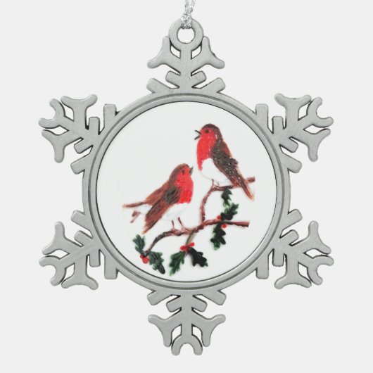 Festliche Kunst Stechpalmen-Robins Schneeflocken Zinn-Ornament (Vorderseite)