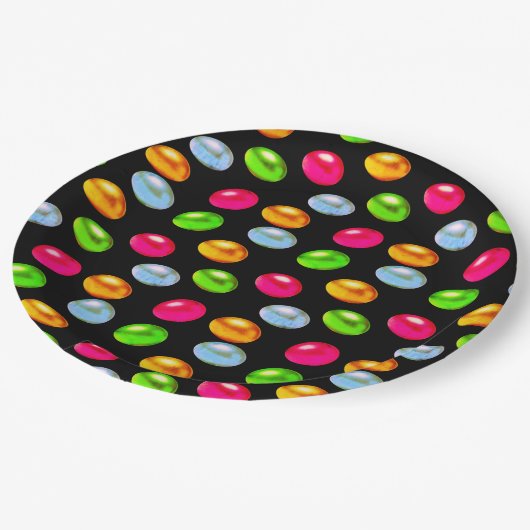 Festliche, mehrfarbige Ostereier auf schwarz Pappteller (Schrägansicht)