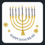 Festliche Menorah Candles Happy Hanukkah Quadratischer Aufkleber<br><div class="desc">Imitate Goldfolie menorah Kerzen für Ihre Hanukka Feier. Whimsical menorah Illustration mit weißen Sternen bedeckte Himmelskerzen auf einem Imitat Gold menorah Kerzenständer. Menorah Sterne Hanukkah illustrierte Design Geschenke und Papierprodukte.</div>