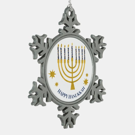 Festliche Menorah Candles Happy Hanukkah Schneeflocken Zinn-Ornament (Links)