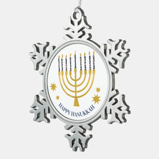 Festliche Menorah Candles Happy Hanukkah Schneeflocken Zinn-Ornament (Rechts)