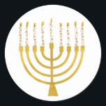 Festliche Menorah Hanukkah Celestial Kerzen Zeichn Runder Aufkleber<br><div class="desc">Imitate Goldfolie menorah Kerzen für Ihre Hanukka Feier. Whimsical menorah Illustration mit weißen Sternen bedeckte Himmelskerzen auf einem Imitat Gold menorah Kerzenständer. Menorah Sterne Hanukkah illustrierte Design Geschenke und Papierprodukte.</div>