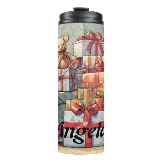 Festliche Pile von Weihnachtsgeschenken Thermosbecher (Vorderseite)