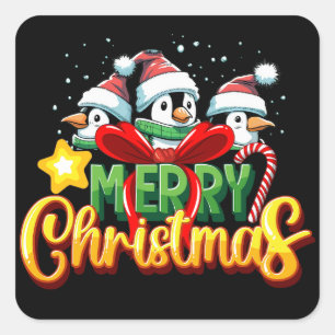 Festliche Pinguine Frohe Weihnachtskleber Quadratischer Aufkleber