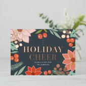 Festliche Poinsettia Berry Navy Foil Holiday Card Folieneinladung (Stehend vorne)
