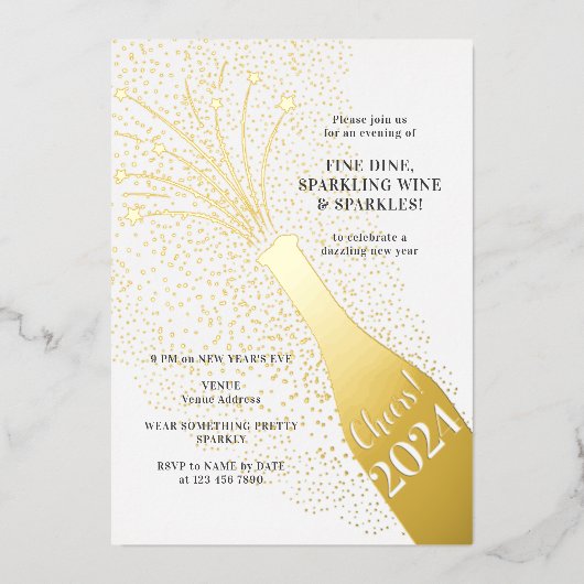 Festliche Popping Bubbles Champagner Silvester Folieneinladung (Vorderseite)