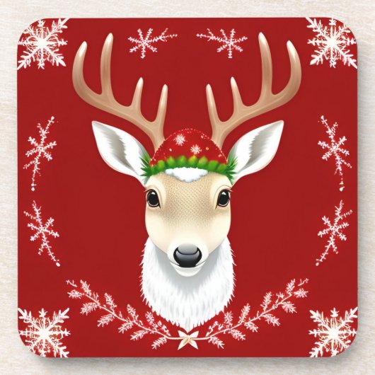 Festliche Reindeer-Illustration mit rotem Hintergr Getränkeuntersetzer (Vorderseite)